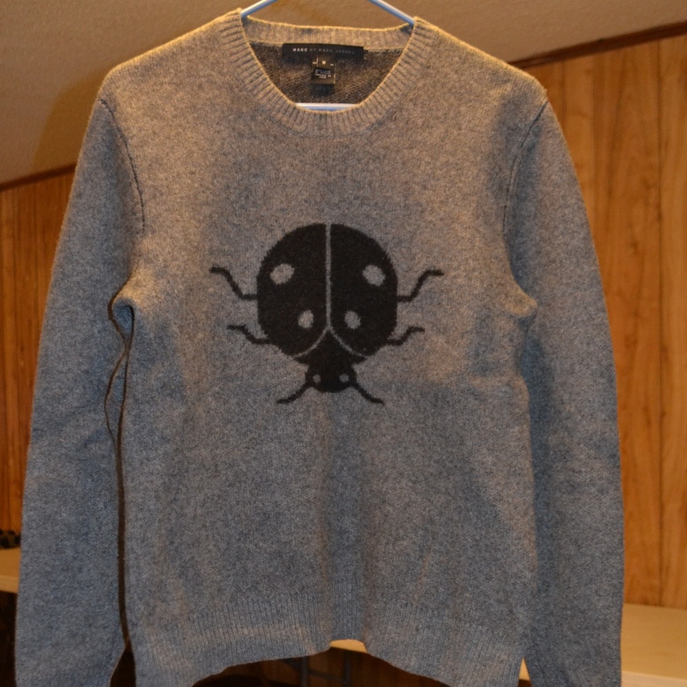 Gray Ladybug Intarsia Knit Pullover Sweater